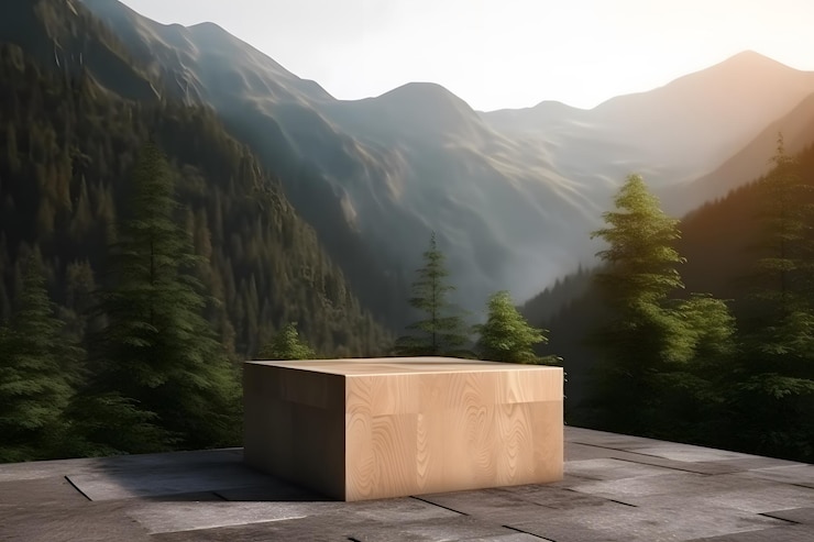 Pro photo shoot Empty stage Mountainstyle theme Forest setting Generative AI