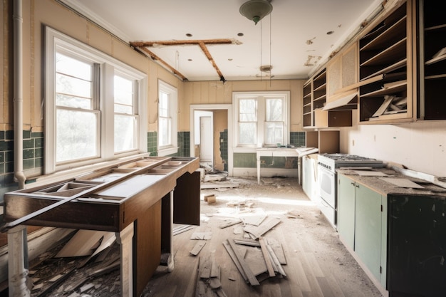 Foto pro-renovators slopen en verwijderen zorgvuldig oude keukenkasten die zijn gemaakt met generatieve ai