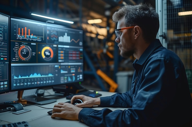Proactive Maintenance Oversight Engineer Analyzing Predictive Analytics on AI Dashboard