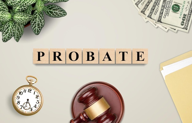 Photo probate sign, stack of papers and gavel