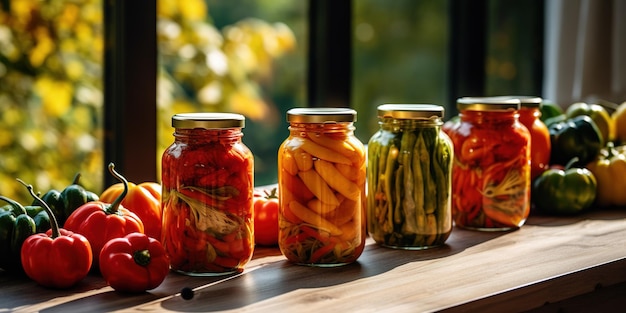 프로바이오틱스 식품: 매운 또는 발효 된 채소, 유리 항아리, 그림자 및 가을 잎이있는 타일 테이블에 있는 레코 달한 고추, 식품 보존 또는 보관 모형, 수확을 보존