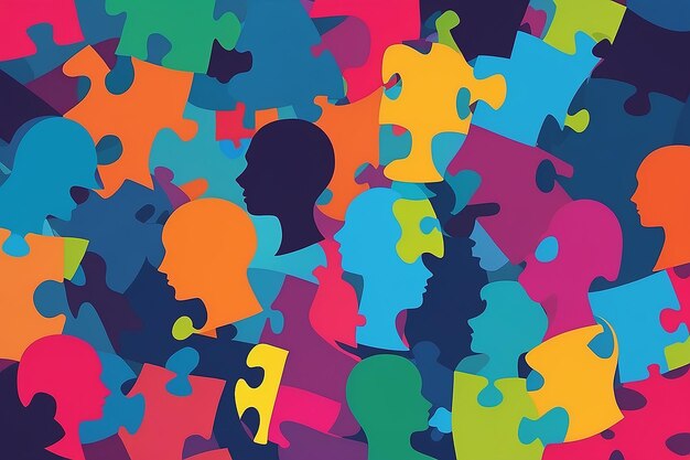 Problem solving Concept teamwork or community Group of colorful silhouette heads people forming puzzle pieces