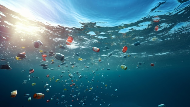 Problematische plastic flessen en microplastics die in de zee drijven