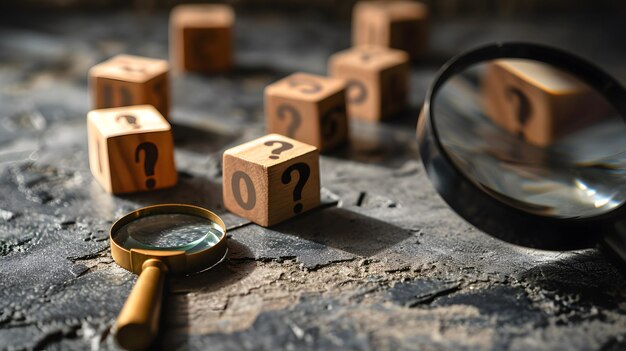 Photo problems and root cause analysis concept wooden cubes with magnifying glass and question mark