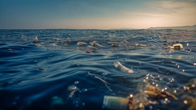 Problems with floating plastic bottles and microplastics in the open ocean Generative AI