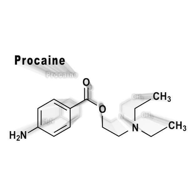 사진 프로카인, 마취제, 흰색 배경에 구조 화학식