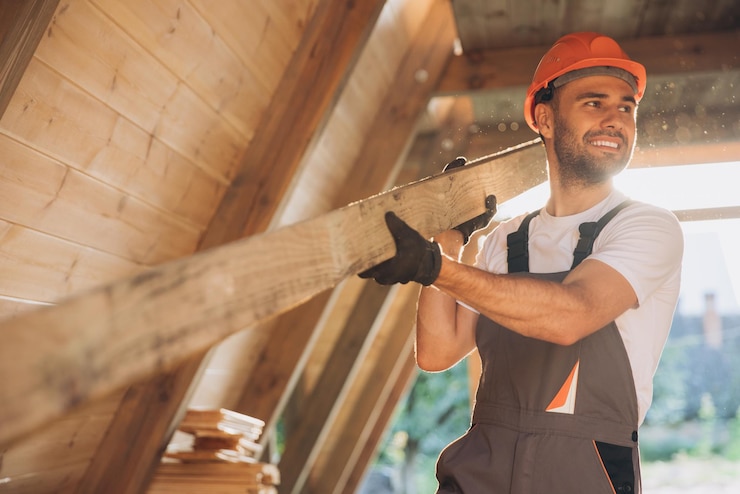 Foto proces van de bouw van een nieuw en modern modulair huis werknemer in speciale beschermende uniform werkt aan de ontwikkeling van energie-efficiënte eigendommen