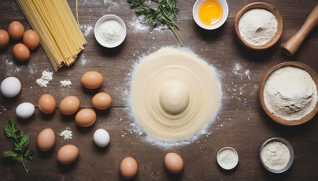 Proces van het koken van pasta met rauwe verse ingrediënten voor klassiek Italiaans eten rauwe eieren