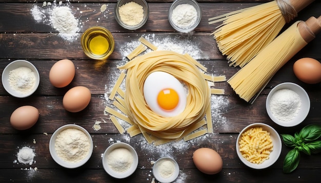 Proces van het koken van pasta met rauwe verse ingrediënten voor klassiek Italiaans eten rauwe eieren