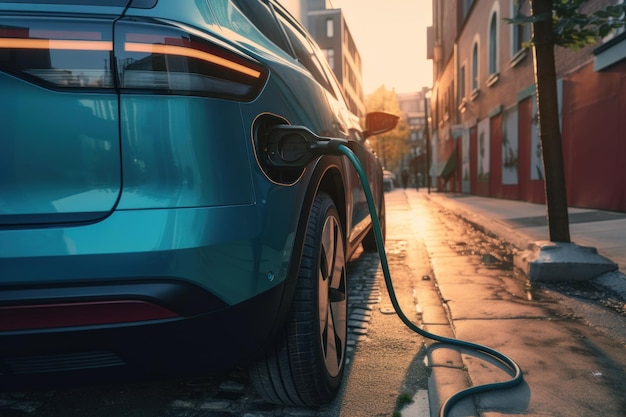 Proces van het opladen van de elektroauto Mooie illustratie foto Generatieve AI