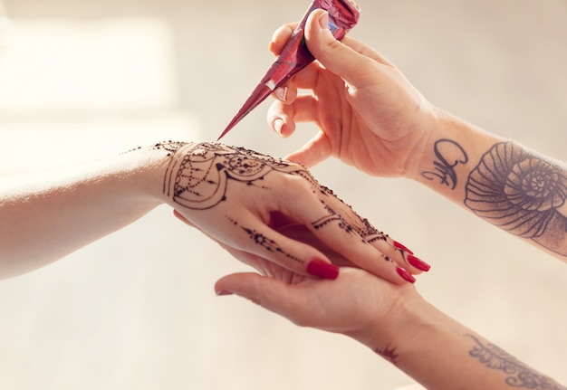 Process of applying mehndi on female hands