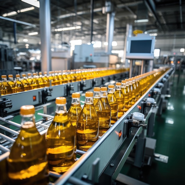 Process of beverage manufacturing on a conveyor belt at a factory