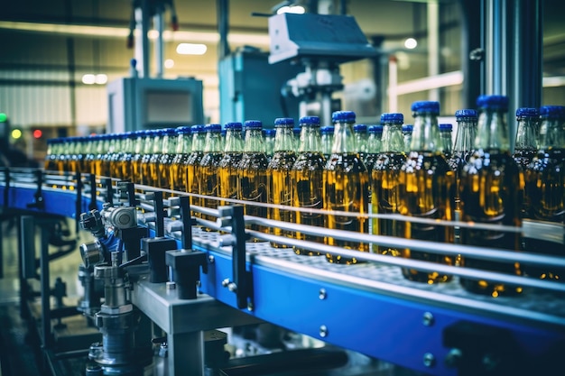 Process of beverage manufacturing on a conveyor belt at a factory