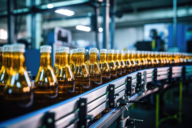 Process of beverage manufacturing on a conveyor belt at a factory