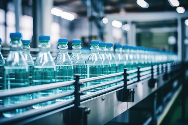 Process of beverage manufacturing on a conveyor belt at a factory