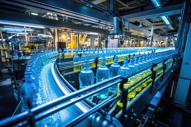 Photo process of beverage manufacturing on a conveyor belt at a factory