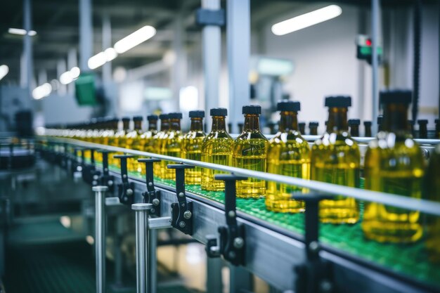 Process of beverage manufacturing on a conveyor belt at a factory