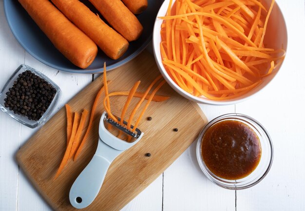 The process of cooking carrots in Korean spicy and spicy salad Dish of Asian cuisine