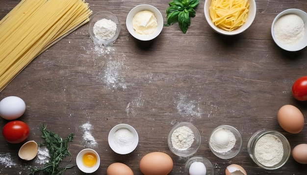 Process of cooking pasta with raw fresh ingredients for classic italian food raw eggs