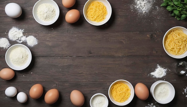Процесс приготовления макаронных изделий из сырых свежих ингредиентов для классической итальянской еды сырые яйца