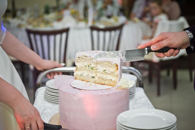 The process of cutting the wedding cake at the celebration 2237