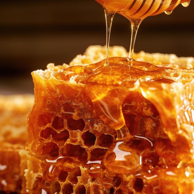 The process of extracting fresh honey from bee honeycombs close up Generative Ai