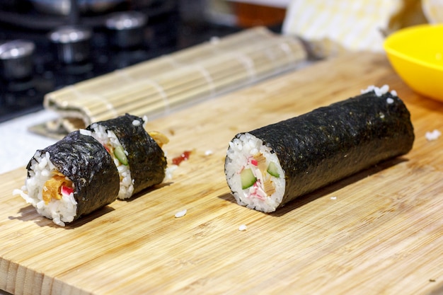 The process of making Japanese rolls and sushi