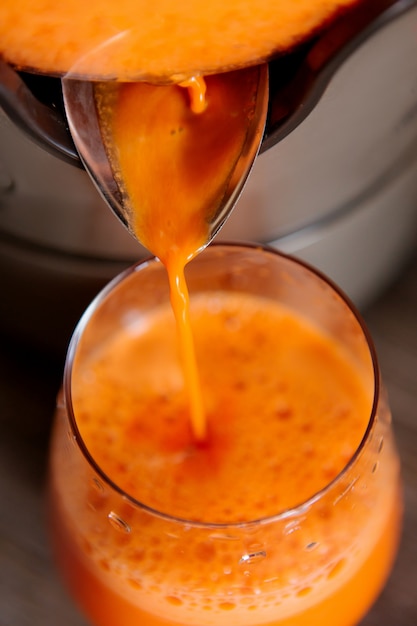 process of making juice in a juicer, process preparation of fresh juice in juicer, carrot juice