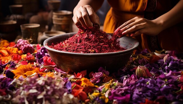 Photo the process of making natural holi colors from flowers and spices