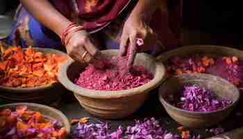 Photo the process of making natural holi colors from flowers and spices