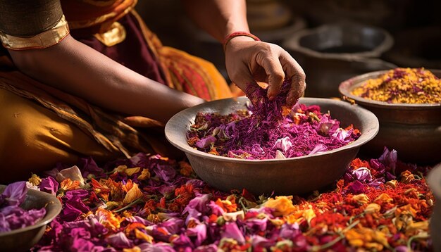 Photo the process of making natural holi colors from flowers and spices