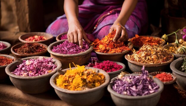 the process of making natural Holi colors from flowers and spices