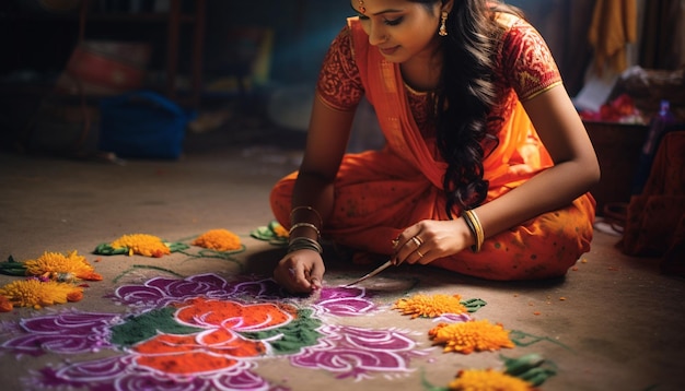 the process of making rangoli designs focusing on the hands and colors Gudi Padwa