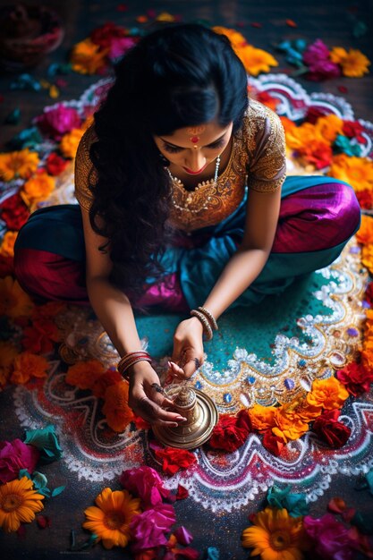 Foto il processo di fabbricazione dei disegni di rangoli