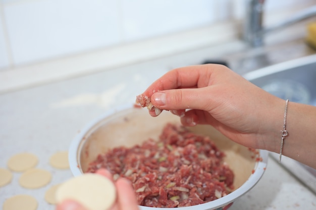 Photo process of making ravioli, pelmeni or dumplings with pork meat