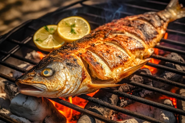 写真 レモン焼き魚のグリルで魚ドラドを調理するプロセス バーベキュー おいしい食べ物 生成 ai