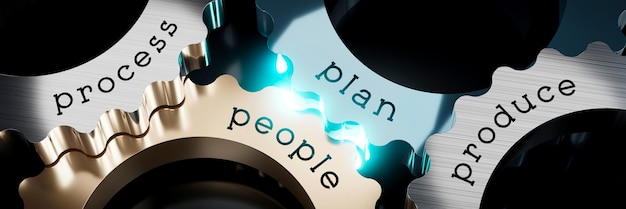 Process plan people produces gears concept 3D illustration