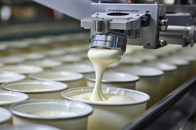 自然乳製品で作られた自動ロボットラインを使用してヨーグルトをカップに注ぐプロセス