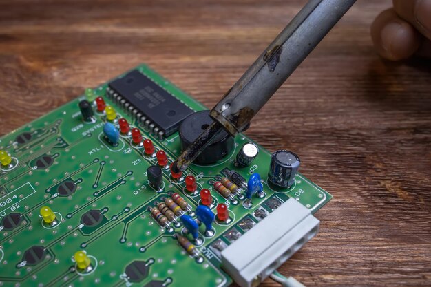 The process of soldering transistors with a soldering iron on a green chip