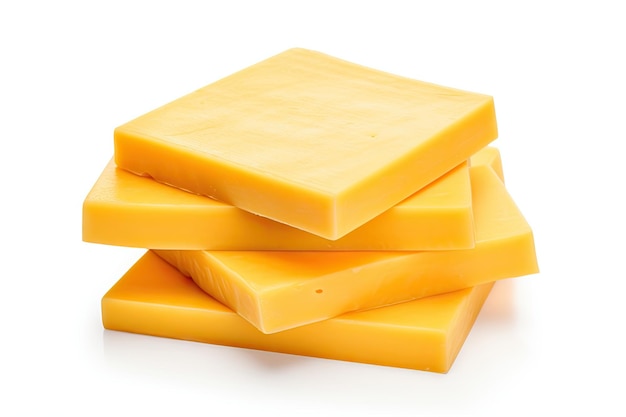 Processed cheese sliced into squares on white background with path