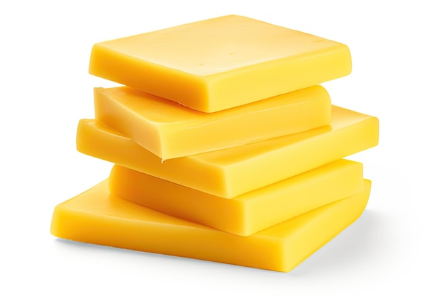 Processed cheese sliced into squares on white background with path