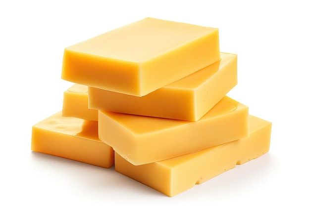 Processed cheese squares on white background with clipping path