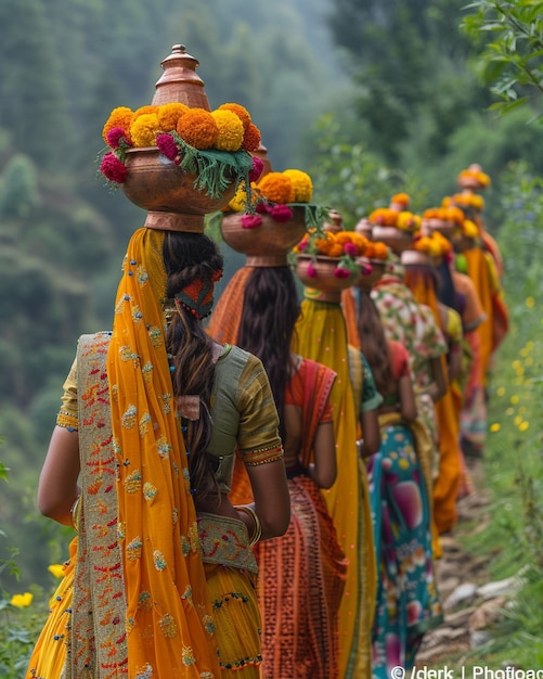 Photo a procession of women carrying decorated wallpaper