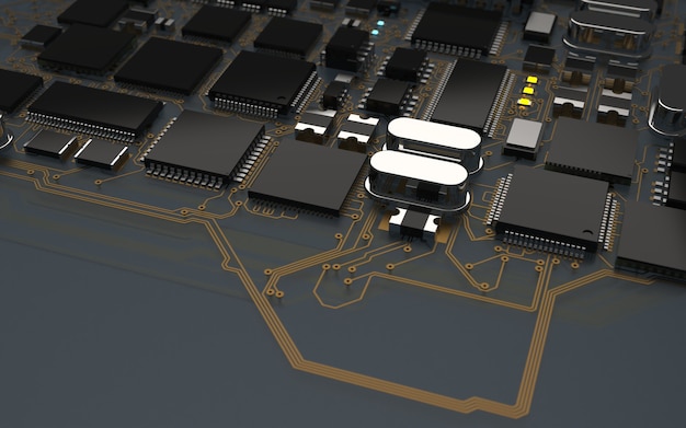 Processor chip on a printed circuit board. 3D rendering. Technology concept