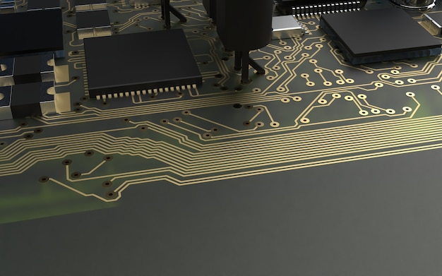 인쇄 회로 기판의 프로세서 칩. 3D 렌더링. 기술 개념