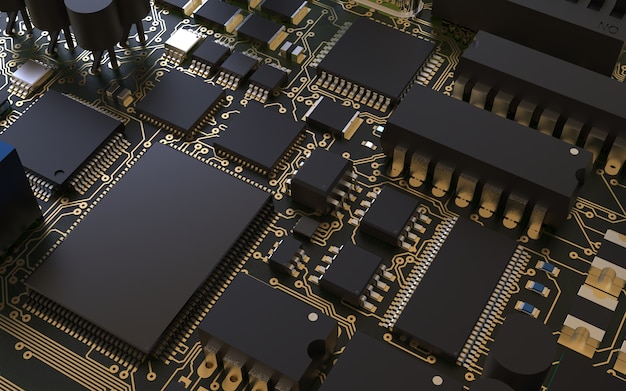 Processor chip on a printed circuit board. 3D rendering. Technology concept