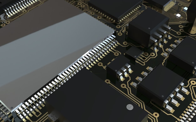 인쇄 회로 기판의 프로세서 칩. 3D 렌더링. 기술 개념