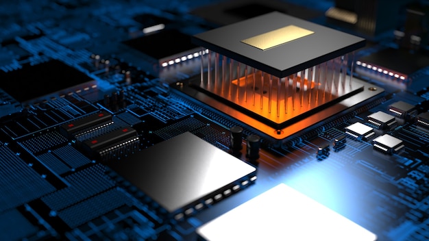 Processor chip on a printed circuit board in red backlight