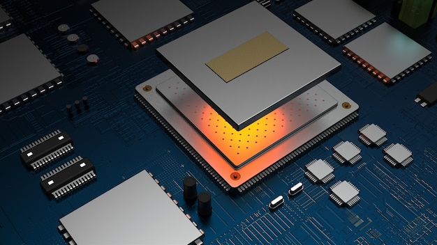 Processor chip on a printed circuit board in red backlight