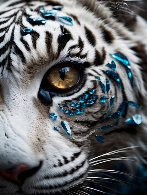사진 백색 호랑이의 눈의 놀라울 정도로 상세한 거시 사진을 제작하여 독특하고 독특한 모습을 포착합니다.